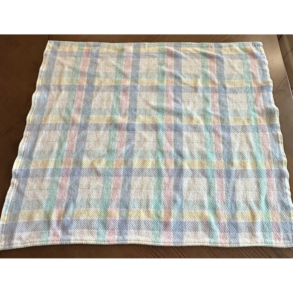 Vintage Gerber Thermal Weave Crib Blanket Pastel Plaid Check Cotton 32x37
